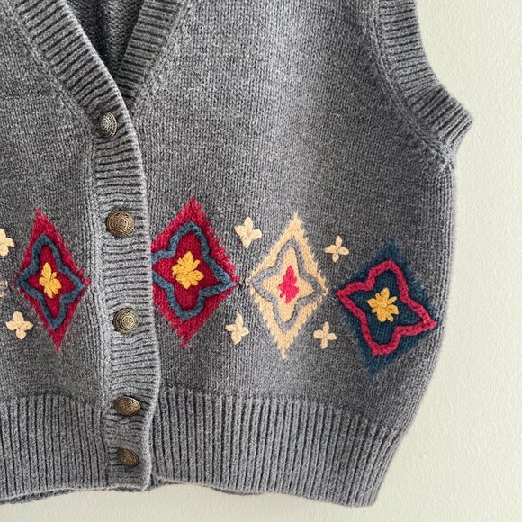 Vintage 90s Lizsport Petite Western Embroidered Cotton Sweater Vest Retro Boho - Picture 3 of 5